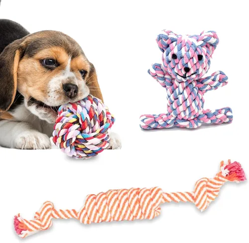 Vista 2 de SunGrow Masticables de algodón con nudo para cachorros, oso de peluche masticable resistente de 4.5 pulgadas, bola de 2.5 pulgadas, cuerda