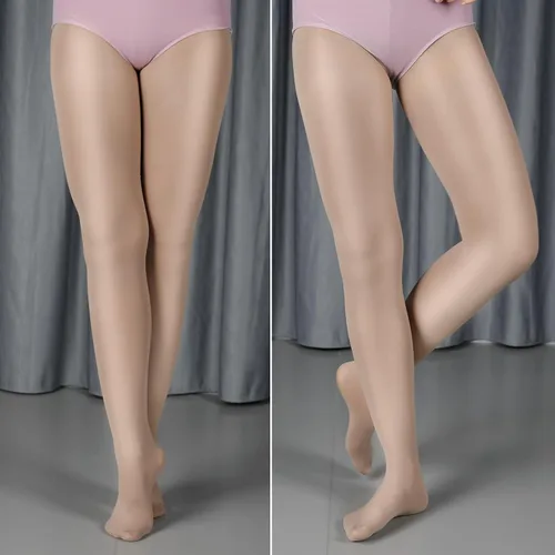 Vista 2 de DANCEYOU Medias ligeramente brillantes con pies para niñas y mujeres, tamaño brillante, tostada en tono de piel para disfraz, baile y vestimenta