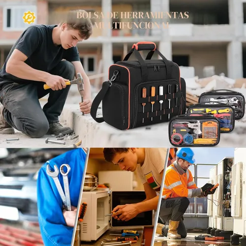 Vista 7 de Bolsa de herramientas Marscamd con 3 estuches extraíbles, bolsa de herramientas de 2 capas para herramientas manuales, negra con ribete rojo