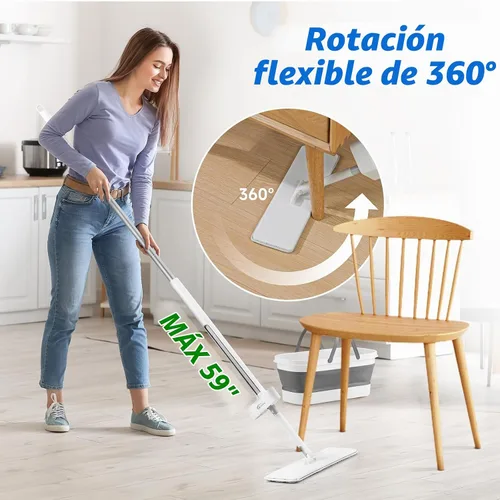 Vista 3 de Oshang Trapeador plano y cubo plegable OG7 con ruedas, 2 almohadillas de microfibra lavables reutilizables, color blanco puro