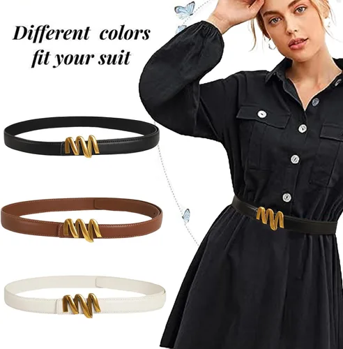 Vista 271 de Cinturón de cuero clásico con hebilla de metal para mujer con vestido de jeans