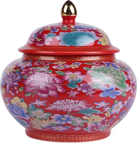 Vista 9 de Tarro clásico de jengibre esmaltado, hecho a mano, diseños inspirados en la dinastía Yuan y Ming, motivos florales de colores vibrantes en jarrón