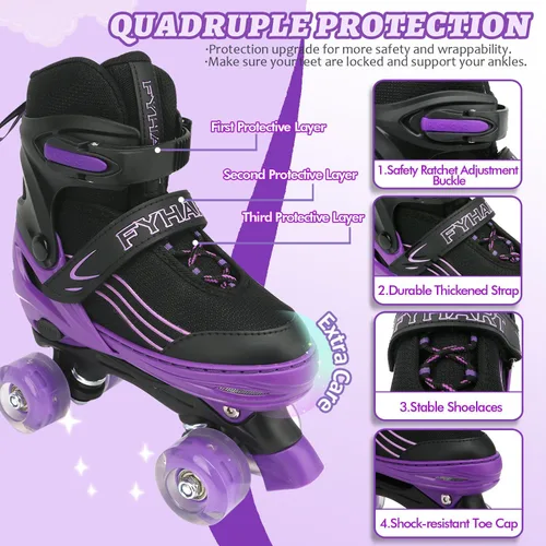 Vista 3 de Patines para niños y niñas, niños principiantes, 4 tamaños ajustables, patines cuádruples para niños y jóvenes, con ruedas iluminadas para deportes