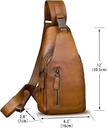 Vista 5 de Bolso bandolera de cuero genuino para hombre, hombro en el pecho, mochila de senderismo vintage hecha a mano, Marrón, senderismo
