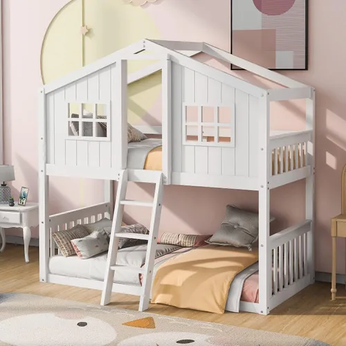 Vista 16 de Cama de Casa Tamaño Twin con Elegantes Ventanas y Estantería, Marco de Litera con Diseño de Castillo de Madera con Barandillas de Seguridad