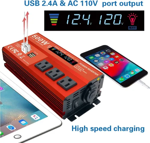 Vista 2 de Inversor de Potencia de 500W Pico 1000W para Vehículos, DC 12V a 110V AC, 4 x 2.4A Puertos USB Adaptador de Enchufe para Carro con Toma con 1 Puerto