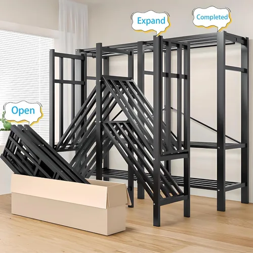 Vista 4 de Perchero cubierto resistente con puerta magnética, plegable, portátil, para colgar ropa, perchero de metal negro con ruedas (negro, 49.12 pulgadas)