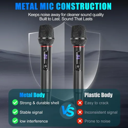 Vista 7 de Sistema de micrófono inalámbrico UHF dual, 2 paquetes - Micrófonos de metal con receptor recargable, audio sin interferencias de 15 canales, Plug &