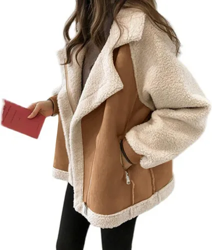 Vista 5 de Abrigo de peluche para mujer, casual, cómodo, corto, de lana de cordero, abrigo de piel sintética