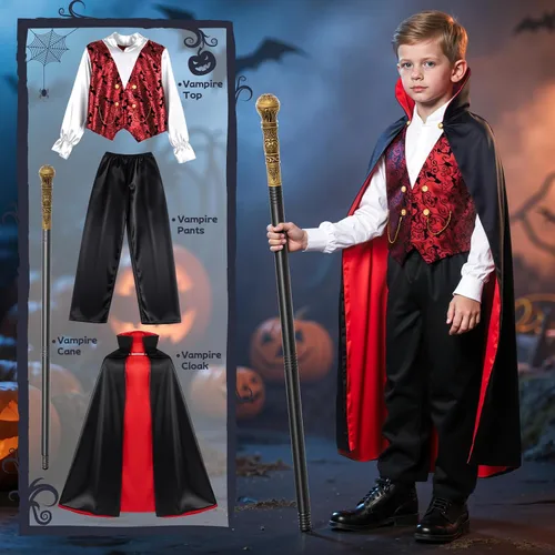 Vista 2 de KukuFun Vampire Costume Set for Kids Boys, Halloween Party Vampire Cosplay Outfit with Cape, Shirt, Pants & Scepter, Kids Vampire Costumes Size for