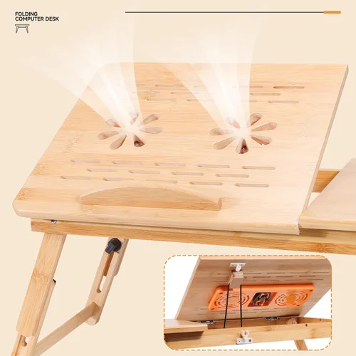 Vista 5 de JELNER Escritorio de bambú ajustable para laptop con ventilador de refrigeración, bandeja de cama plegable para desayuno, escritura y dibujo