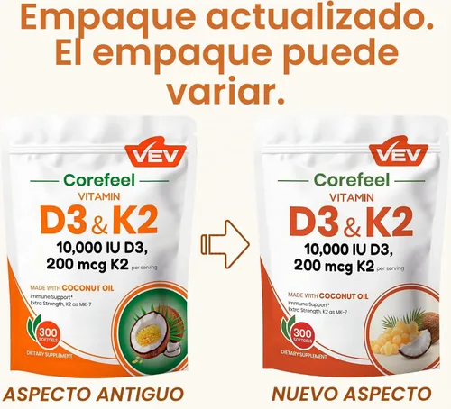 Vista 3 de VEV Corefeel Vitamina D3 K2 10,000 UI, 200 mcg MK-7, 300 cápsulas blandas