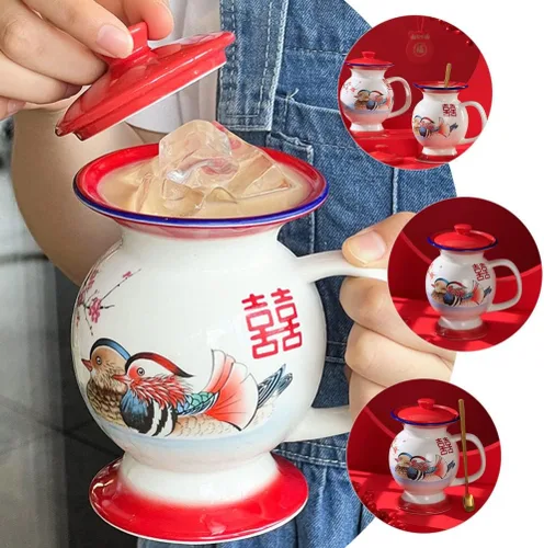 Vista 7 de SHERCHPRY Tazas de leche de cerámica, Taza en forma de escupitón con tapa, Tazas de broma, Tazas chinas retro de porcelana, Tazas de agua