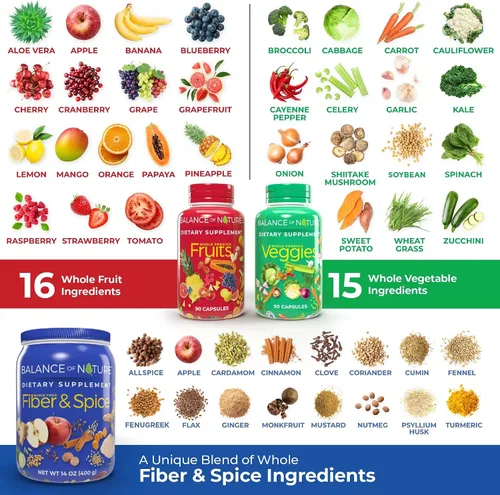 Vista 4 de Balance of Nature Whole Health System - Frutas y verduras integrales y suplementos de fibra y especias - 30 porciones cada una