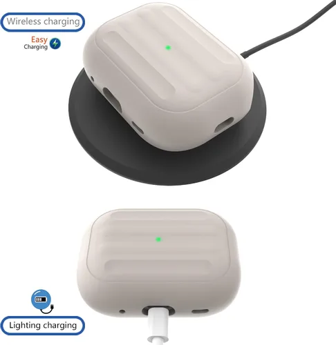 Vista 4 de Funda antipérdida para AirPods Pro (2ª generación), diseño de una pieza, carga inalámbrica, LED visible, cordón incluido (beige)
