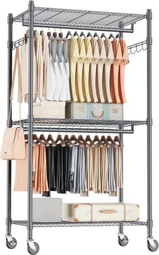 Vista 11 de Homdox Estante para ropa resistente con 3 estantes ajustables de alambre, estantes para ropa para colgar, estante de ropa de doble barra, armario