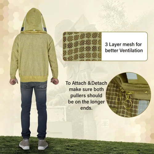 Vista 5 de 3-Layer Ventilated Mesh Bee Jacket for Men & Women with Veils Sting-Proof Beekeeping Jacket with Leather Gloves & Bag