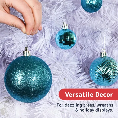 Vista 4 de PREXTEX - Juego de 36 adornos navideños azules para árbol de Navidad: bolas navideñas inastillables en color aguamarina y azul verdoso en tamaños