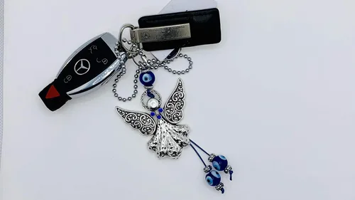 Vista 4 de LUCKBOOSTIUM Hermoso adorno colgante de ángel con cristal azul y mal de ojo, dijes de buena suerte, llaves del hogar, bolso, bolsas y accesorios
