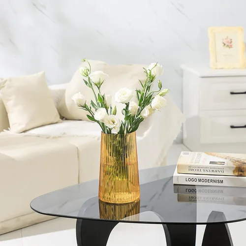 Vista 2 de Jarrón de vidrio ámbar para flores, florero para ramo, jarrones de vidrio modernos, jarrones acanalados para sala de estar, dormitorio, mesa