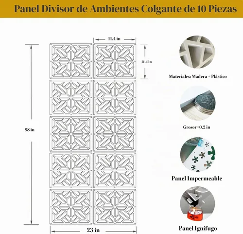 Vista 2 de Lchen Panel divisor de habitación colgante, divisor de pared colgante blanco, 10 piezas de madera y plástico, decoración de oficina en el hogar