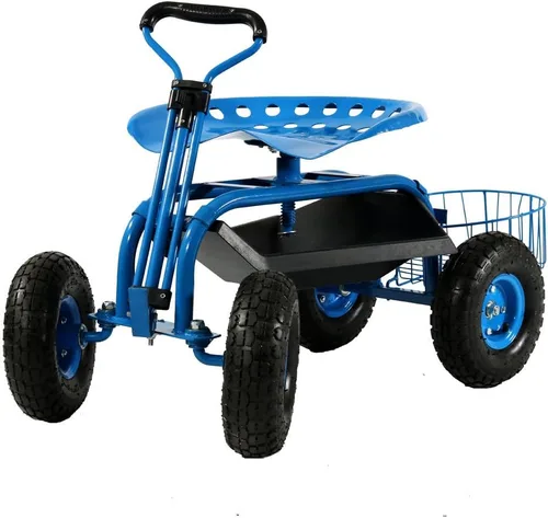 Vista 10 de Sunnydaze Carrito de jardín con ruedas - Taburete de jardín con ruedas - Asiento de jardinería con ruedas con mango extensible - Asiento giratorio