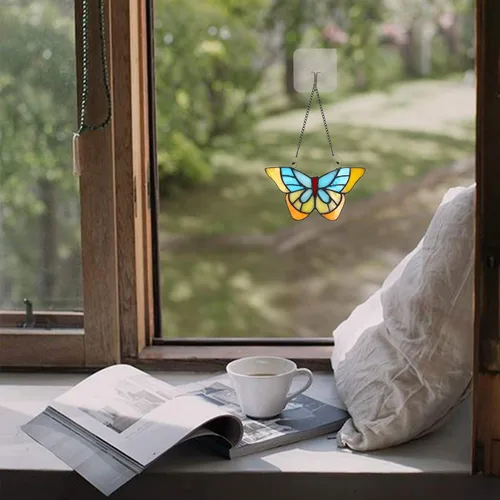 Vista 4 de Colgantes de ventana estilo mariposa Tiffany, regalo para amigas, hermanas (7.3 x 5.1 pulgadas)