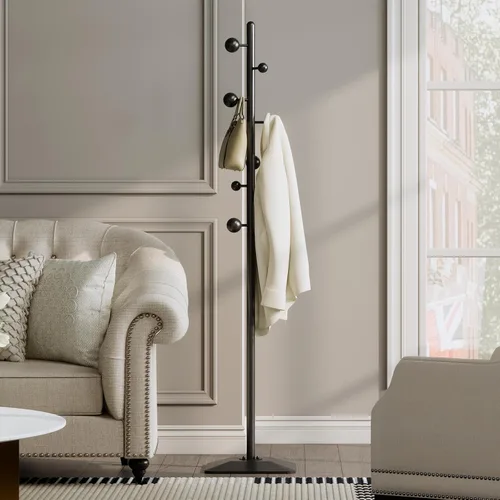 Vista 8 de Perchero de pie, Árbol de abrigos de pie resistente con 7 ganchos de bola, Soporte para colgar abrigos con base de metal para entrada, pasillo