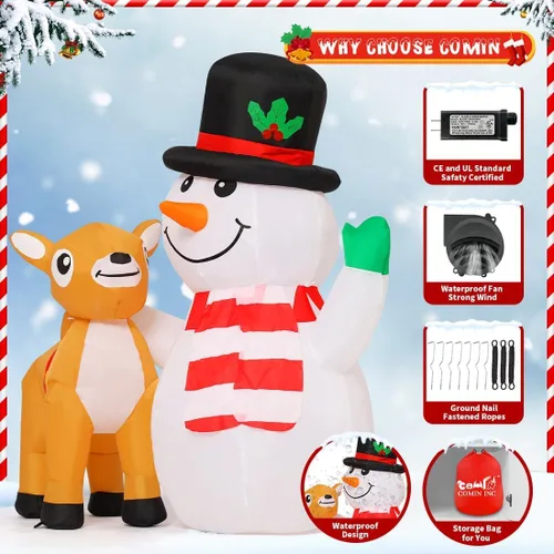 Vista 6 de COMIN Muñeco de nieve navideño inflable de 5.2 pies para decoraciones al aire libre, muñeco de nieve reno inflable con LEDs integradas