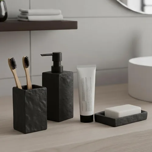 Vista 2 de Dispensador de jabón de manos y loción cuadrado de baño efecto piedra 9 Negro