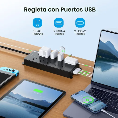 Vista 7 de TROND - Alargador de corriente con protector contra sobretensiones, 4000 J, certificado ETL, 10 salidas ampliamente espaciadas con 2 USB A y 2 USB