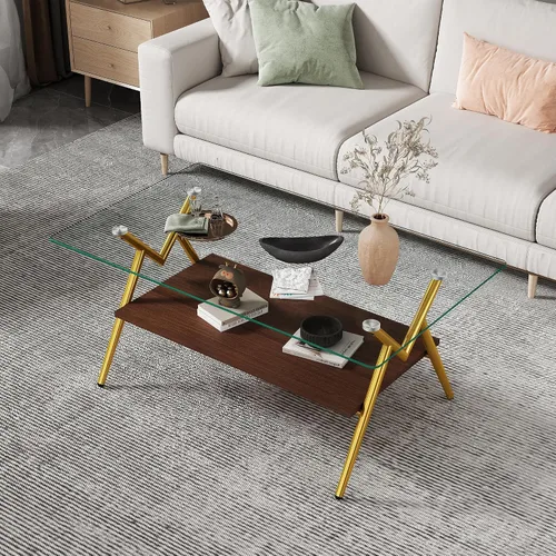 Vista 9 de Mesa auxiliar rectangular contemporánea de cristal con patas de metal cruzadas en ángulo para sala de estar, elegante mesa auxiliar de vidrio