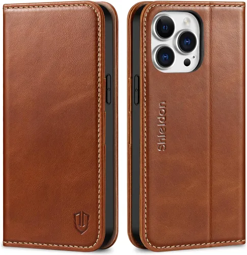 Vista 10 de SHIELDON - Funda tipo cartera de piel auténtica para iPhone 14 Pro Max de 6.7 pulgadas 2022, color negro Magnetic Closure, RFID Blocking, Credit