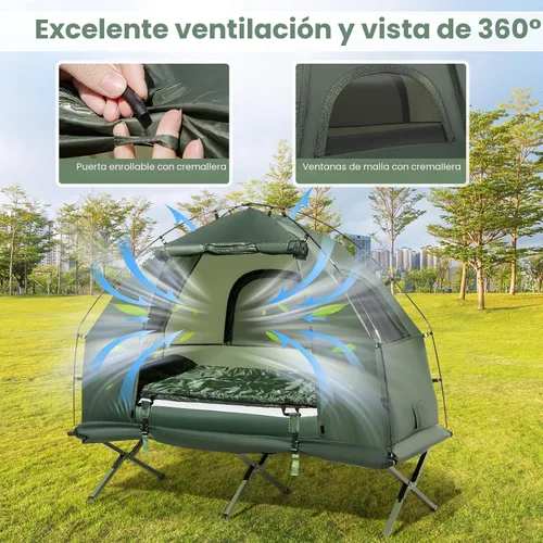 Vista 4 de Goplus Catre de Tienda de Campaña, Cama Plegable 5 en 1 con Colchón de Aire, Almohada, Saco de Dormir, Refugio de Tienda Elevado Impermeable, Catre