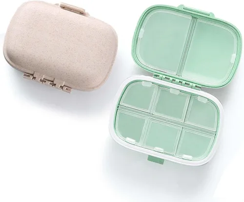 Vista 11 de Organizador de pastillas de viaje con 8 compartimentos, pastillero diario pequeño para bolsa de bolsillo, contenedor de píldoras portátil Azul