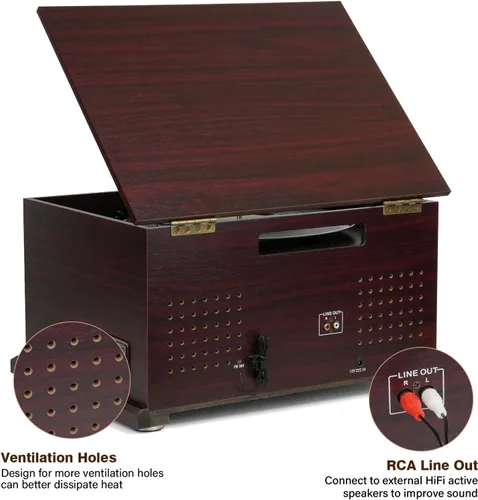 Vista 5 de FEKTIK Tocadiscos Bluetooth 10 en 1, tocadiscos de 3 velocidades con altavoces, entrada y salida Bluetooth, CD, casete, radio FM, transmisión