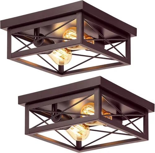 Vista 9 de Lámpara de techo de bronce cepillado para pasillo, lámpara de techo industrial de granja de montaje empotrado de 2 luces, lámpara de cocina de metal