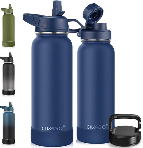 Vista 42 de CIVAGO Botella de agua aislada de 22 onzas con pajita, frasco de agua deportiva de acero inoxidable con 3 tapas