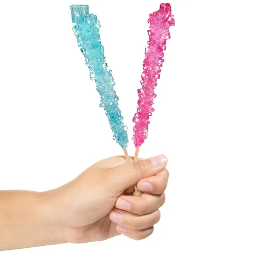 Vista 2 de Palitos de azúcar de caramelo de roca azul claro y rosa claro, 12 golosinas envueltas individualmente, sabor a algodón de azúcar y cereza