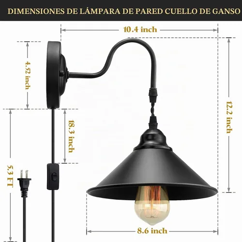 Vista 2 de Apliques de pared enchufables, juego de 2 lámparas de pared vintage con interruptor de encendido/apagado, lámpara industrial de metal negro