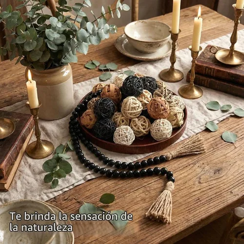 Vista 4 de Halloscume 31 piezas de bolas decorativas de mimbre y ratán con guirnalda de cuentas de madera de 30.3 pulgadas, centros de mesa, cuencos, orbes