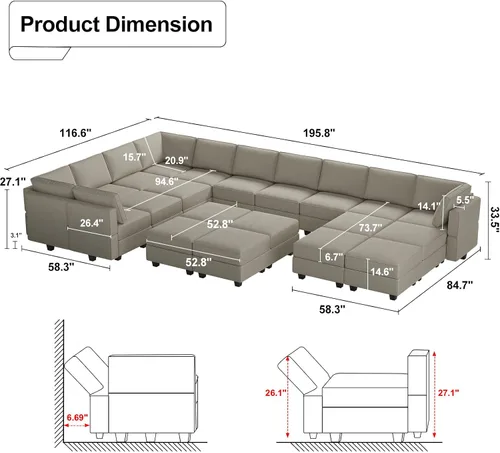 Vista 8 de Belffin Sofá modular grande con asiento de almacenamiento, sofá en forma de U de gran tamaño con tumbona reversible, juego de sofá modular con Gris
