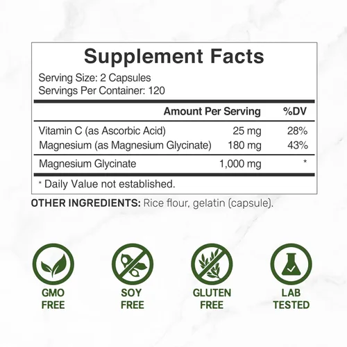 Vista 2 de Glicinato de magnesio 500 mg por cápsula (1000 mg por porción) más vitamina C, 240 cápsulas – 100% quelado para una fácil absorción – Suplemento