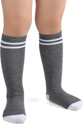Vista 6 de EPEIUS Calcetines altos hasta la rodilla con agarre antideslizante Toddller Athletic Stripe Team Tube Calcetines para niños y niñas, paquete de 5