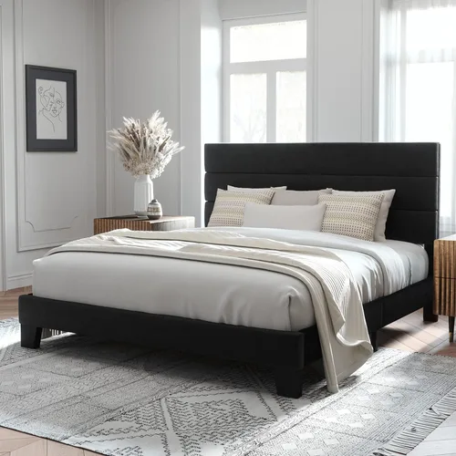 Vista 21 de Allewie Base de cama de plataforma de tamaño individual con cabecera tapizada de tela y soporte de listones de madera, base de colchón totalmente