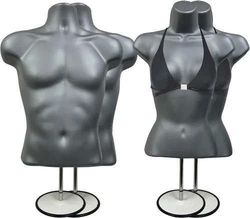 Vista 23 de Maniquí de torso masculino y femenino con soporte de metal, cuerpo con respaldo hueco, apilable, forma de vestido para exhibición de camisetas Negro