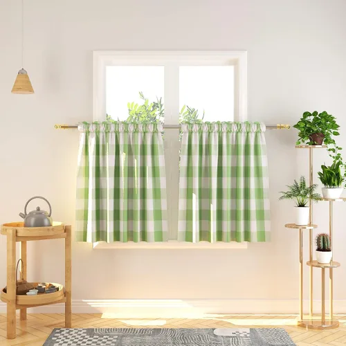 Vista 265 de Cenefas de cortina para ventana de 16 pulgadas de largo, 2 paneles de cuadros búfalo, cortinas pequeñas con bolsillo para barra, estilo clásico