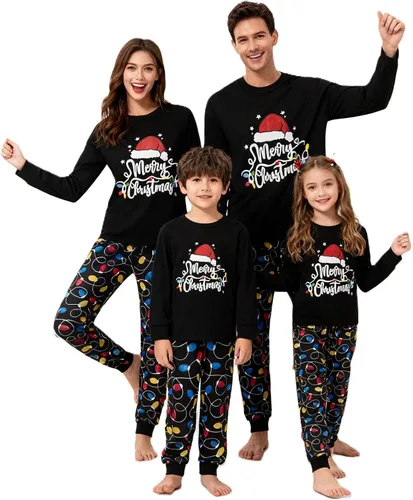 Vista 18 de Awoscut - Conjunto de pijamas navideños a juego, con estampado en la parte superior y pantalones a cuadros #B-7