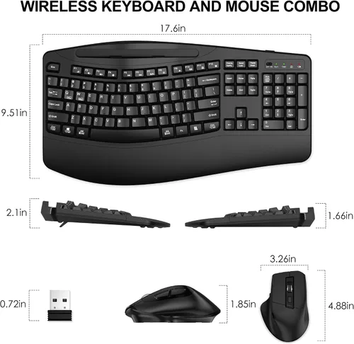 Vista 10 de Combo de teclado y mouse inalámbricos, teclas onduladas de tamaño completo 2.4G, teclado ergonómico con reposamuñecas, soporte para teléfono, mouse
