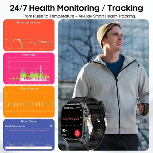 Vista 2 de Reloj inteligente para hombres y mujeres con llamadas Bluetooth, presión arterial, frecuencia cardíaca, oxígeno en sangre, estrés, HRV, monitor